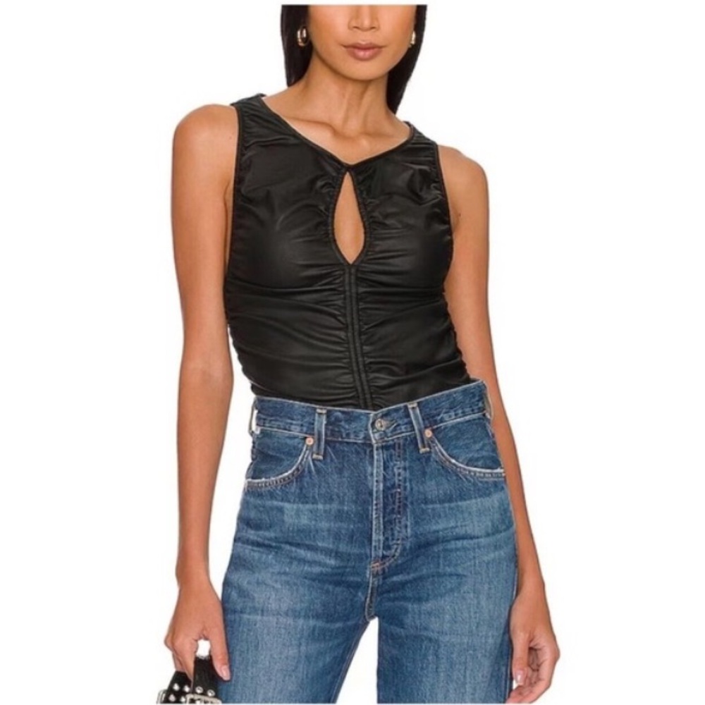 Free People Ride Along Faux Leather Black Ruched Keyhole Top  NWOT